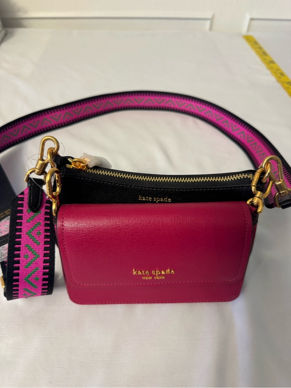kate spade Hot Pink and Black Double up Crossbody with Patterned Strap